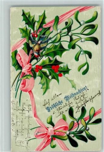 1919 Mistel, Vogel, Schleifen Stechpalme AK