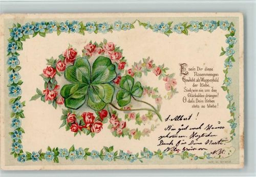 1904 Rosen- und Vergissmeinnicht Girlande, Poesie Spruch