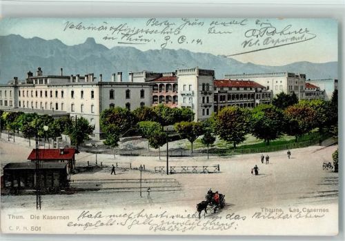 Thun 1905 Die Kasernen Pferdekutsche Bahnwagen