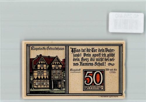 Quedlinburg Notgeld 50 Pfennig Klopstocks Geburtshaus
