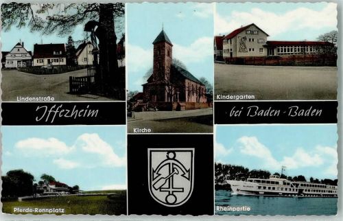 76473 W7557 Iffezheim Gebrauchsspuren Rückseite mit Abschürfungen und Kleberesten Lindenstraße Kirche Kindergarten Pferde-Rennplatz Rheinpartie