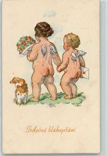 1949 Srdecne blahoprani Glückwunsch Engel Hund AK