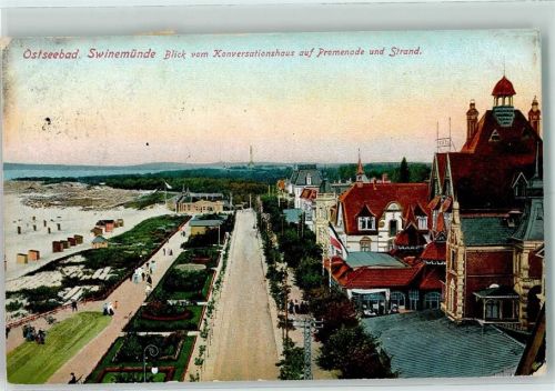 Swinemünde 1913 Blick vom Konversationshaus auf Promenade und Strand