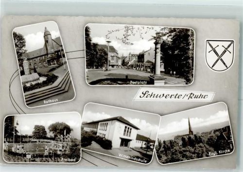 Schwerte Rückseite mit Abschürfungen bzw Kleberesten Rathaus Postplatz Schwimmbad Kirche Wittekindschule