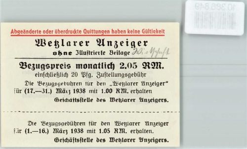 Wetzlar Quittung Wetzlarer Anzeiger