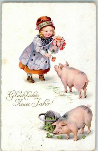 Neujahr Mädchen Glücksklee AK Schwein 1927 Gebrauchsspuren