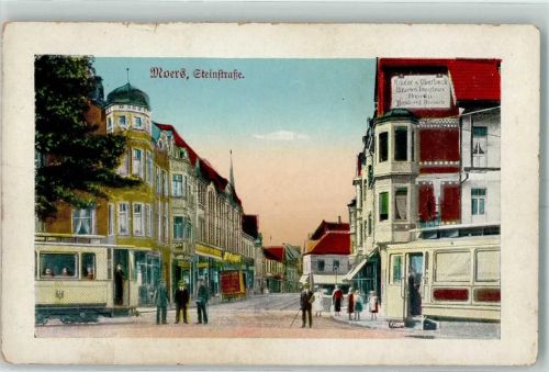 Moers Steinstraße Straßenbahn Importgeschäft Krüger u. Oberbeck Künstlerkarte