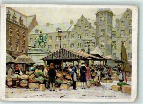 Solingen Rathausplatz Marktszene Denkmal Aquarell sign.Heinrich Hermanns