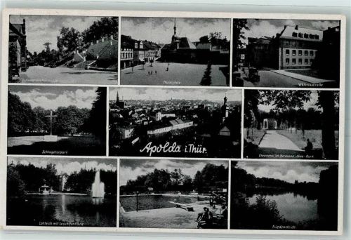 Apolda Marktplatz Ehrenmal im Hermann Löns Park Lohteich mit Leuchtfontäne Friedensteich Viktoriastraße