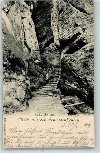 Rathen Kurort 1902 Treppe Schwedenlöcher Treppe Felsen Bahnpost Dresden- Zug 526
