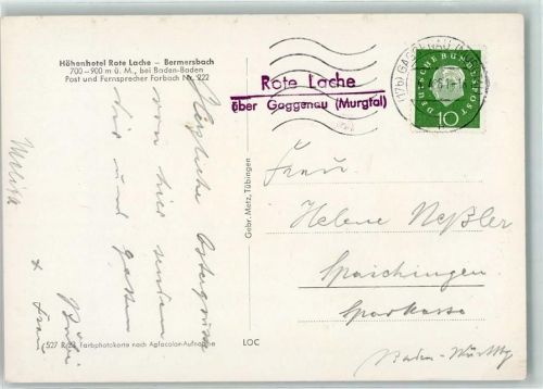 Forbach Landpoststempel Rote Lache über Gaggenau Murgtal