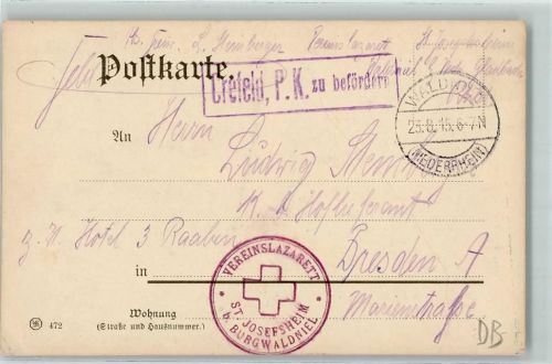 Waldniel 1915 WK I Lazarettstempel Vereinslazarett St. Josefsheim bei Burgwaldniel Rotes Kreuz