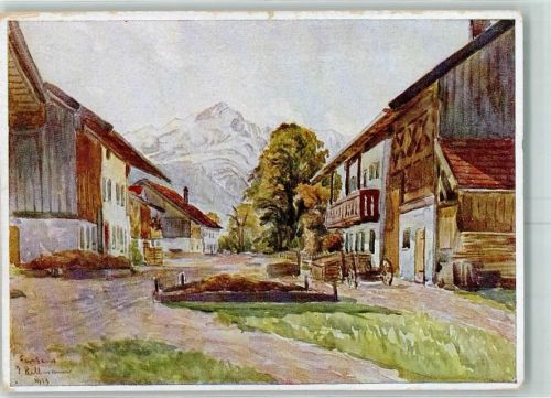 Farchant Dorfstraße Alpspitze sign. J.Hellmann Wagen Misthaufen Künstlerkarte