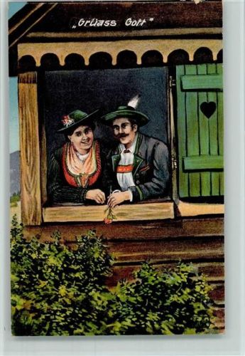 1915 Grüass Gott - Trachtenpaar schaut aus dem Fenster AK