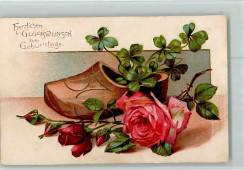 Geburtstag - großer Holzschuh mit Rosen AK Gute Erhaltung