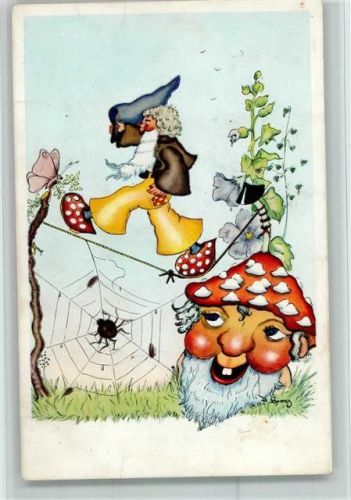 1942 Vermenschlichter Pilz, Zwerg, Spinne im Netz AK