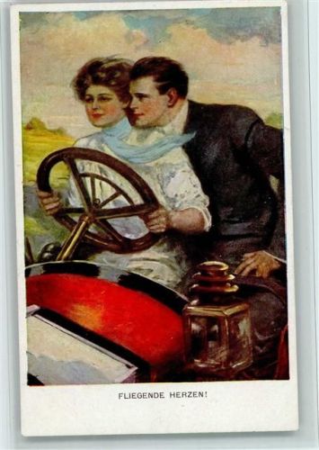 Nr. 742 D Fliegende Herzen im Automobil - Liebespaar, gute erhaltung