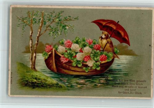 Vogel mit Regenschirm, Ruderboot mit Kleeblüten AK