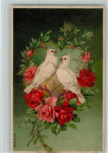 Poesie - Weißen Tauben in einem Herz aus Blumen AK Gute Erhaltung