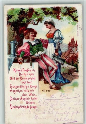 1899 Lindenwirtin mit einem Weinkrug, der Gast ist betrunken, Gedicht