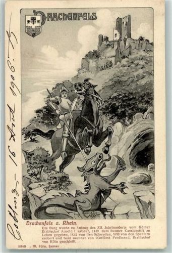 Königswinter 1906 Drachenfels Ritter zu Pferd Drache