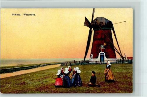 Zeeland Photochromie Serie 163 Nr. 2934 AK Walcheren - Volkstanz, Ringelreigen , Mühle , Trachten