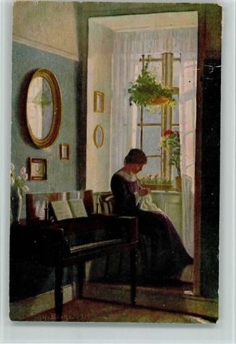 Dänische Kunst ASCO Nr. 9662 Alfred Broge - Im Erker , Spinett , gute Erhaltung