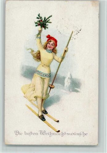 1918 Mädchen mit Ski und Tannenzweig, Weihnachten, AK