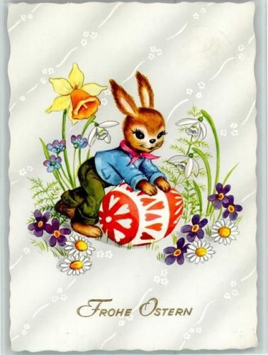 Vermenschlichter Hase mit einem großen Osterei AK Gute Erhaltung