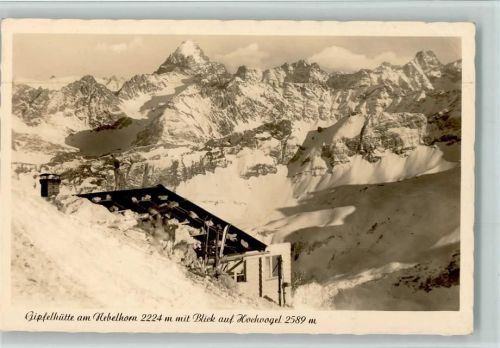 Nebelhorn Gipfelhütte Blick auf Hochvogel Winter Landpoststempel Rubi über Oberstdorf