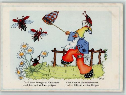 Zwerg Hutzleputz jagt Maikäfer , sign Ursula Spenz
