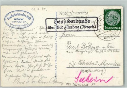 Heufuderbaude Landpoststempel über Bad Flinsberg Isergeb.