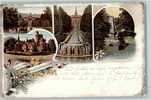 Wilhelmshöhe 1897 Lithographie Löwenburg Hercules m.d. Cascaden Aquäduct