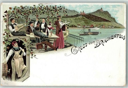 Königswinter Lithographie Drachenfels Gasthaus-Aussichtsbalkon Gitarrenspieler Gäste Wirt Raddampfer