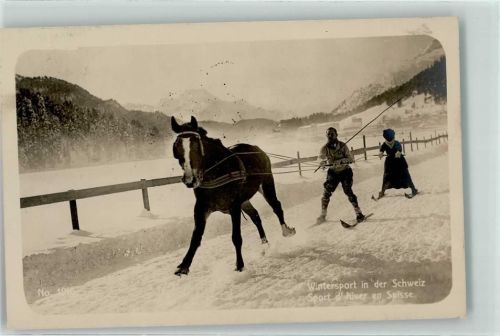 1911 Skijöring Skifahrer werden von einem Pferd gezogen AK