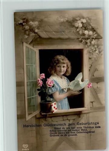 Serie 3143-4 - Geburtstag- Mädchen mit Tauben, handcoloriert , gute Erhaltung AK