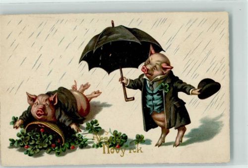 Neujahr Zwei Borstenviecher mit Glücksklee und Regenschirm im Regen Tiere vermenschlicht M & B