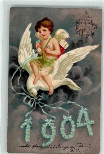 auf Taube sitzend Jahreszahl 1904 Vergißmeinnicht Lithographie