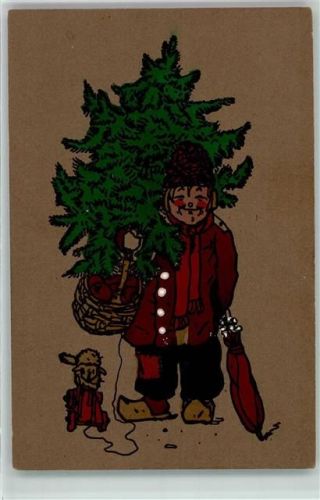 Kind trägt einen Tannenbaum, Holzschuhe, Regenschirm