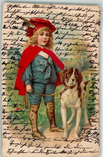 1903 mit echt Stoff Applikation Kind mit Mütze und Feder Gamaschen