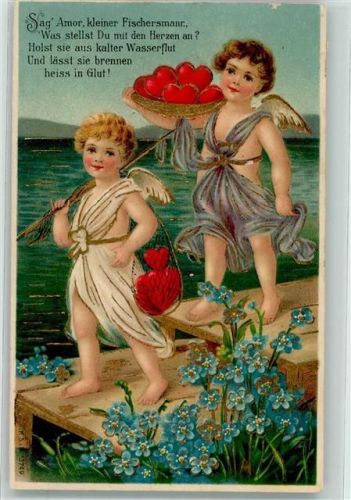 1908 Zwei Engel mit einer Angel und einem Korb voll Herzen Vergißmeinnicht Meissner u. Buch 13749