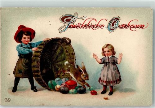 1912 Kinder mit einem Korb voll Eier und ein Hase Verlag EAS