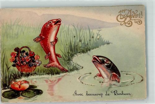 Fisch Seerose mit Glimmer/Glitzerauflage 1. April Künstlerkarte