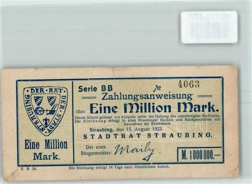 Straubing 1923 Notgeldschein Eine Million Mark Wappen KEINE AK