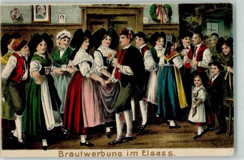 Prägedruck Brautwerbung im Elsass Tracht Lithographie HG & Co. No.5361
