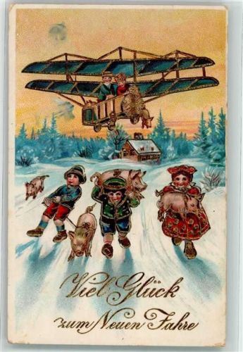 Neujahr Kinder mit Schweine Golddruck Glückwunsch Flugzeug