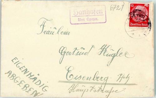 Speyer Landpoststempel Hanhofen Briefkuvert Scan verzogen