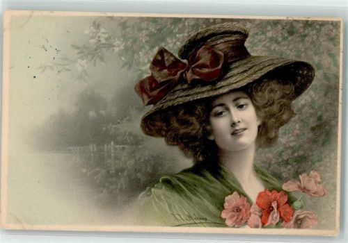 1909 sign. Wichera Junge hübsche Frau mit grünem Kleid vor blühendem Baum Hutmode Nr. 411