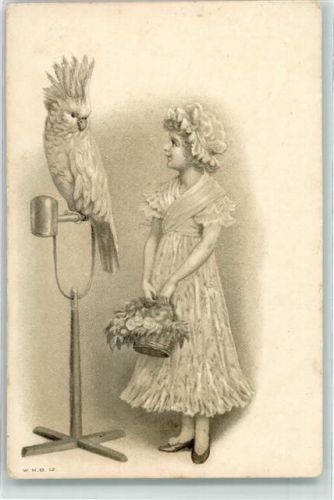 Mädchen mit Blumenkorb spricht mit ihrem Vogel Lithographie Papagei 1901 Prägedruck