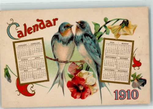 Zwei Vögel sitzen auf Blumen zwischen den Kalenderblätter für das Jahr 1910 Lithographie